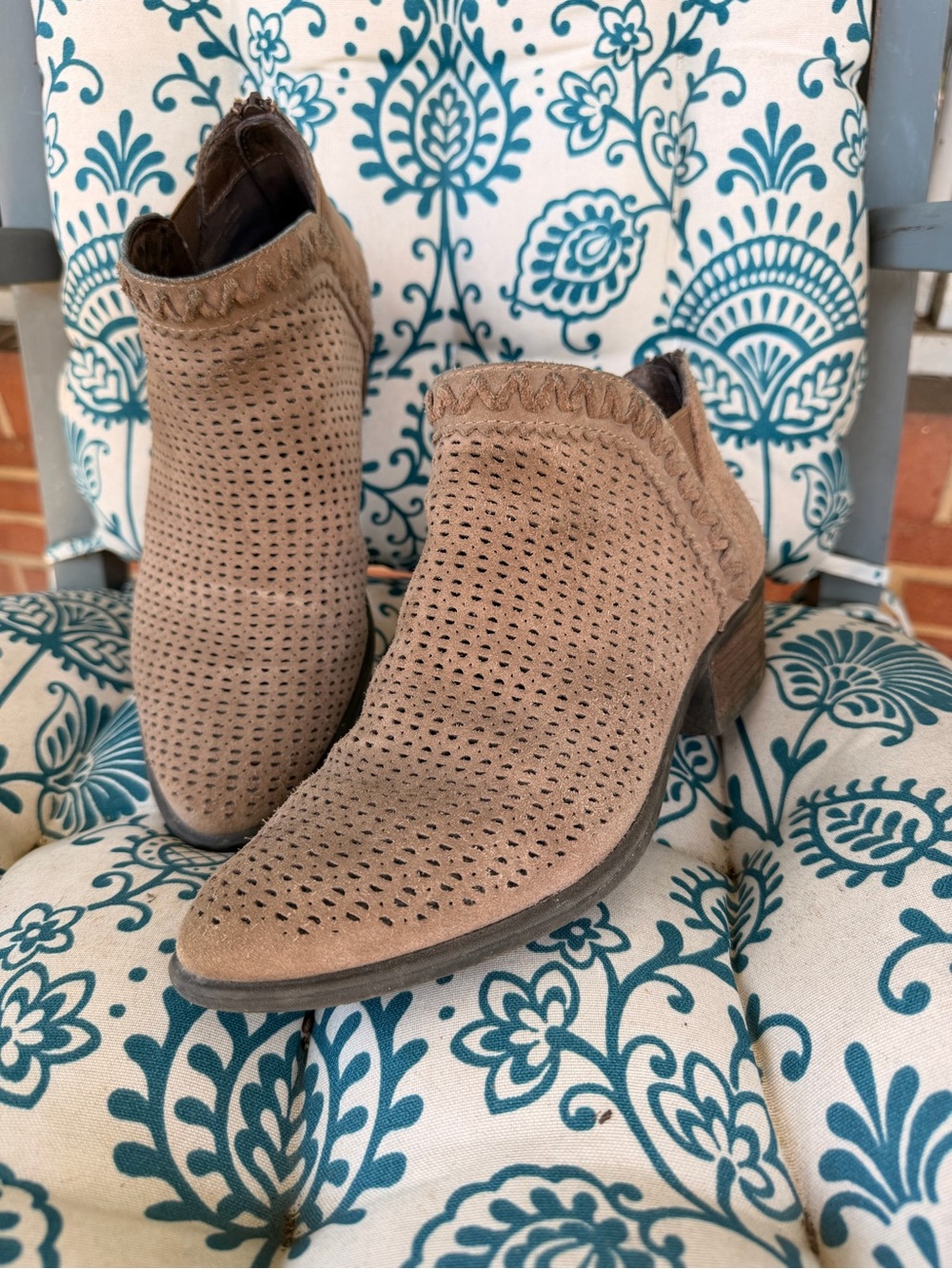 Earth Taupe Perforated Suede Ankle Booties